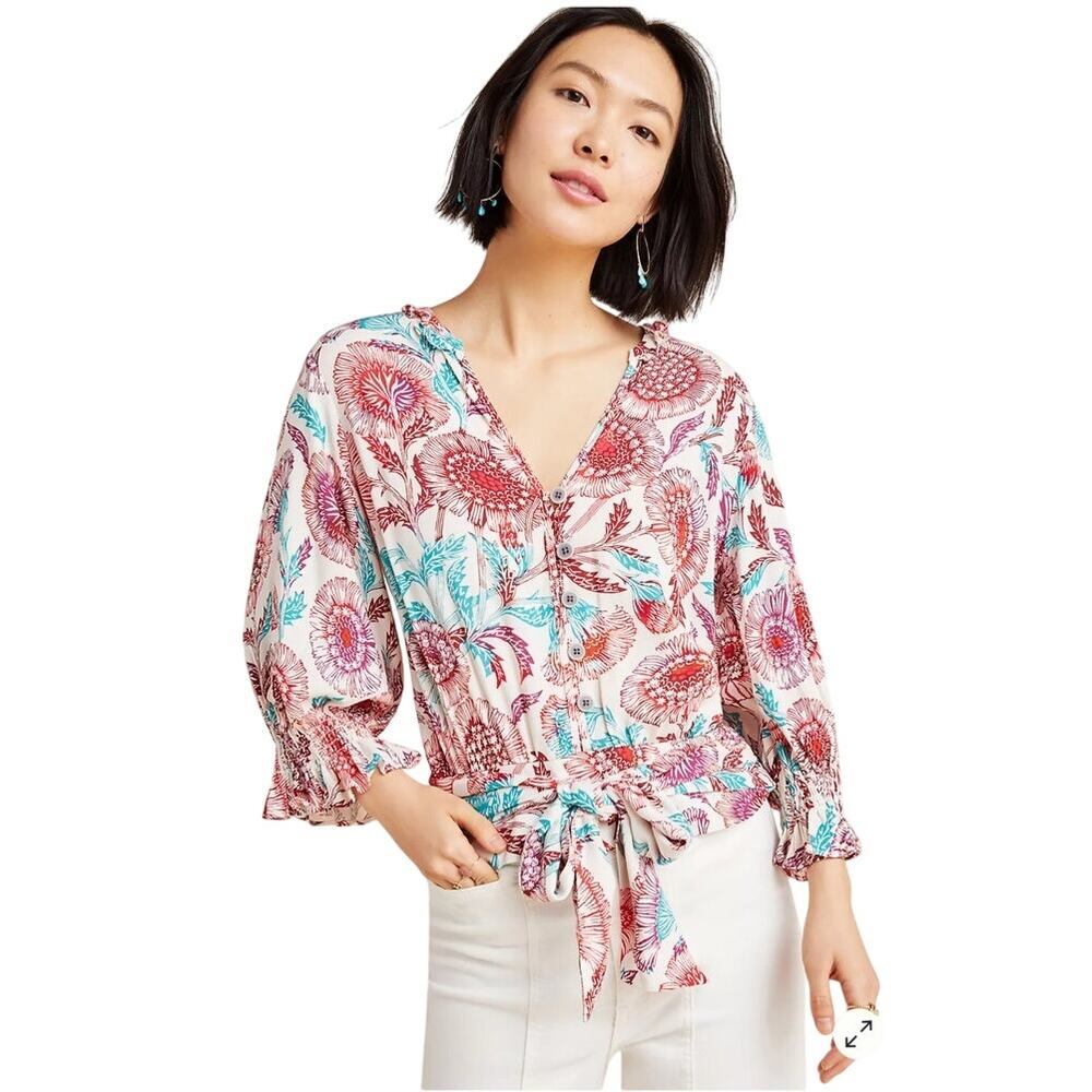 Anthropologie‎ Tugboat Saraya Blouse Floral Tropical Tie Waist Size Small- READ